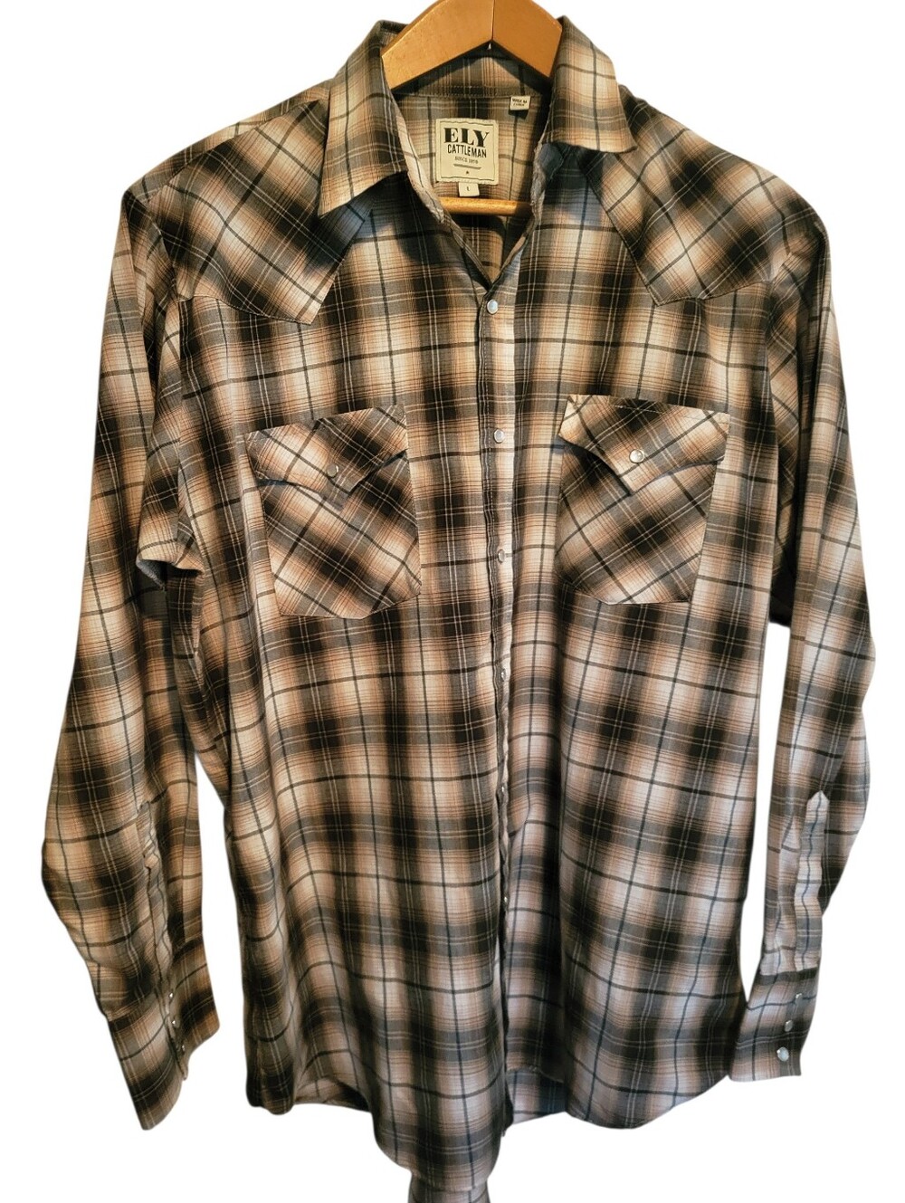 Vintage Ely Cattleman Plaid Western Pearl Snap Shirt Large Brown Cream Cowboy